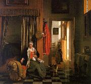 Pieter de Hooch Mother Lacing her Bodice Beside a Cradle china oil painting reproduction